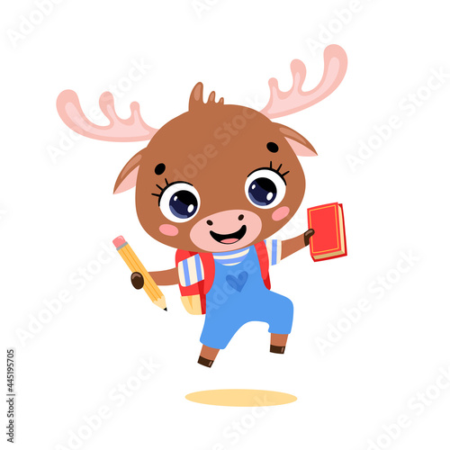 flat doodle illustration of cute cartoon moose going to school. Animals back to school