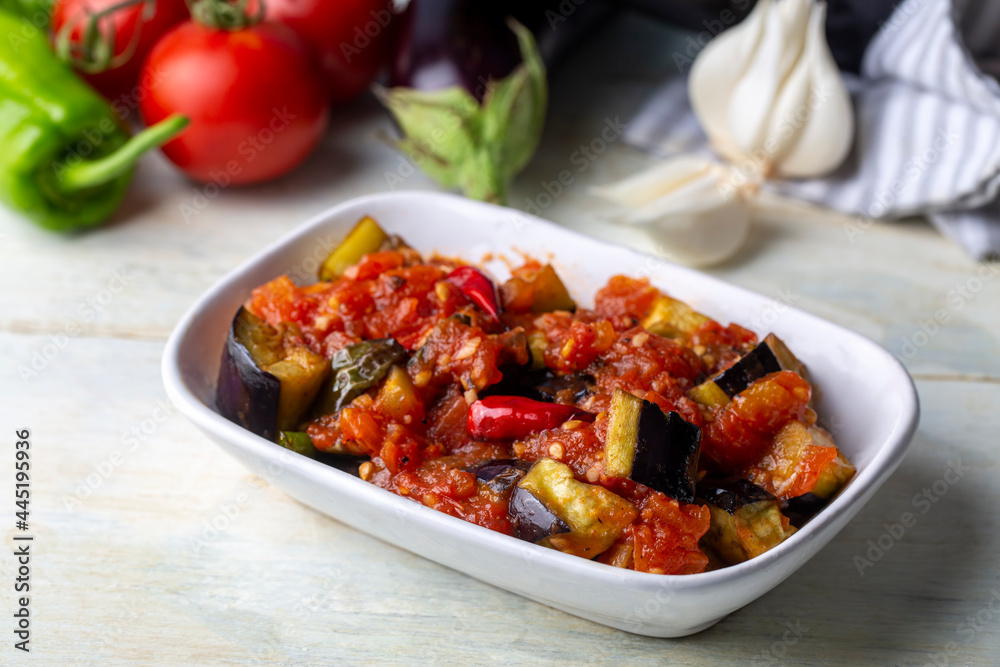 Traditional Turkish food; eggplant meze (Turkish name; saksuka)