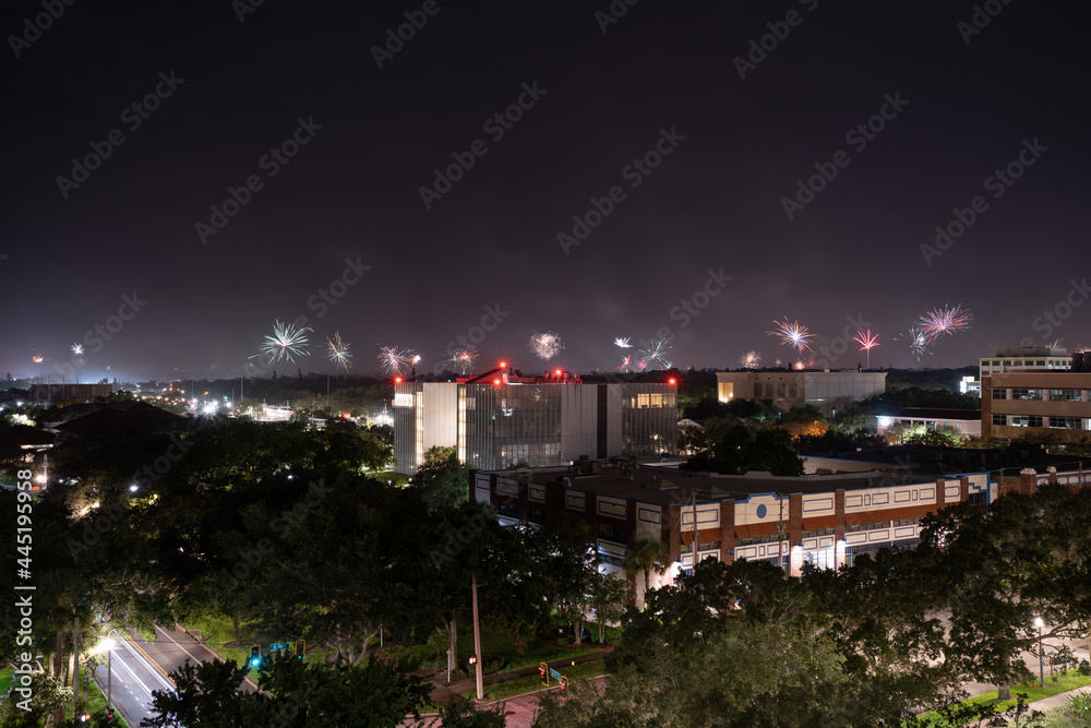 Fireworks and night landscape of  in St Petersburg, Florida