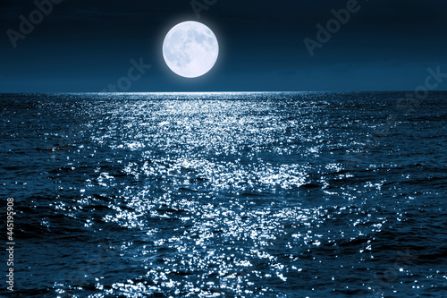 Fototapeta This large full blue moon rises brightly over the calm ocean creating sparkles a