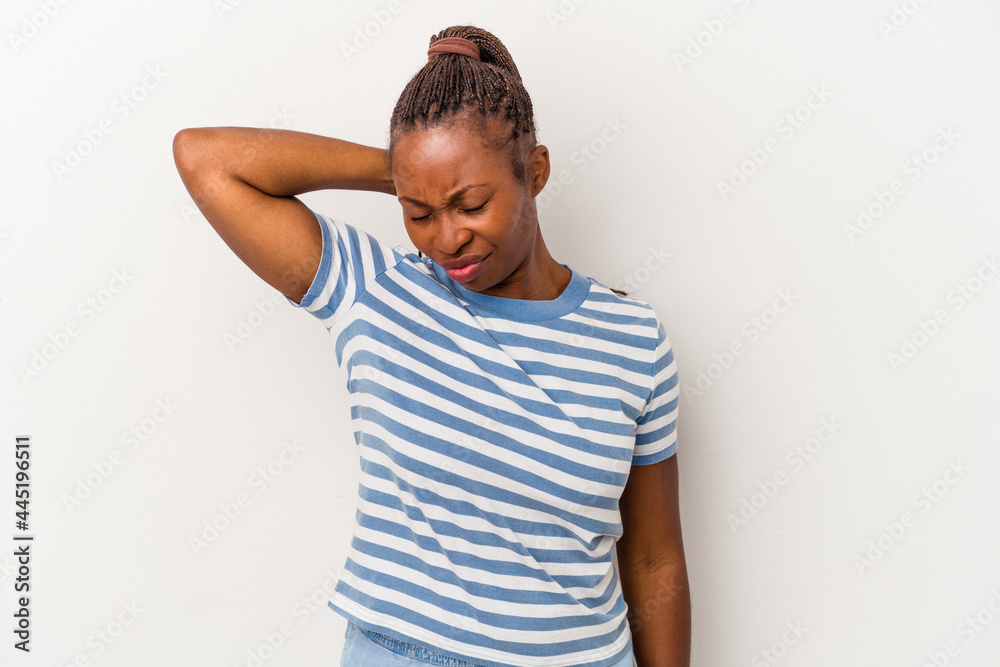 Young african american woman isolated on white background suffering neck pain due to sedentary lifestyle. Young african american woman isolated on white background suffering neck pain due to sedentary lifestyle.