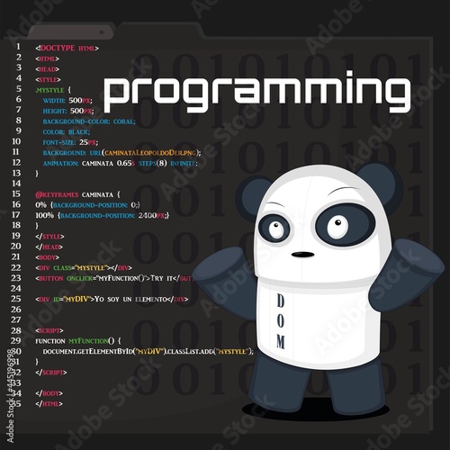 vector illustration of a programming code editor with a panda bear as a pet