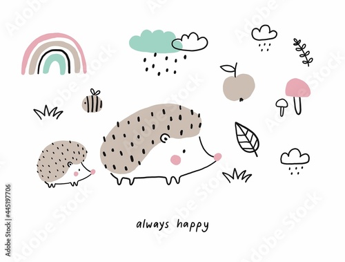 Vector card with cute hedgehog. Flat style print for kids. Mom and baby hedgehog. Mother's Day card. Cute little hedgehog 