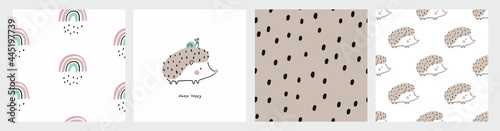 Vector card with cute hedgehog. Flat style print for kids. Mom and baby leopard. Mother's Day card. Cute little hedgehog 
