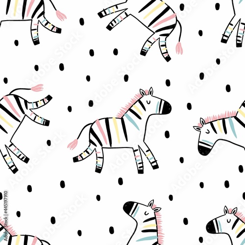 Cute cartoon Hand drawn zebra - vector seamless pattern. Print for textile, fabric and poster.