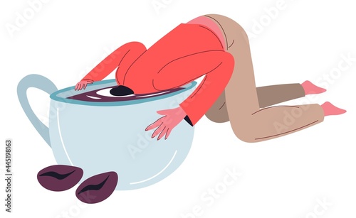 Coffee and caffeine addiction, drowning in cup