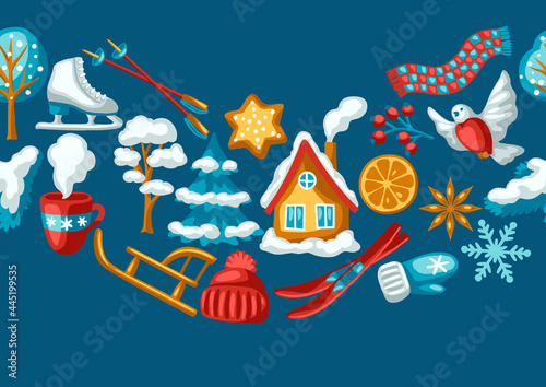 Winter seasonal seamless pattern. Outdoor leisure and cute fun things. Merry Christmas holiday and vacation.