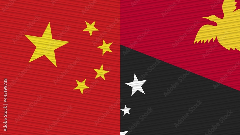 Papua New Guinea and China Two Half Flags Together Fabric Texture Illustration Papua New Guinea and China Two Half Flags Together Fabric Texture Illustration