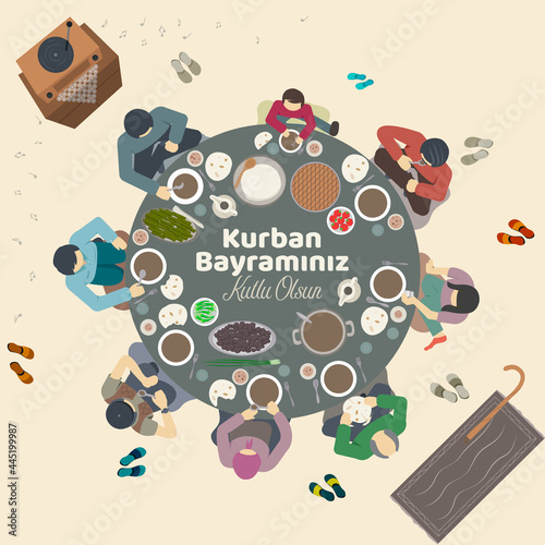 Kurban Bayraminiz Kutlu Olsun. A drawing of a family gathered around the table. Vector