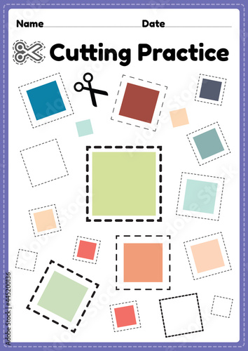 Scissors skills for preschoolers to cut the paper with scissors to improve motor skills, coordination and develop small muscles for kindergarten kids in a printable illustration page.