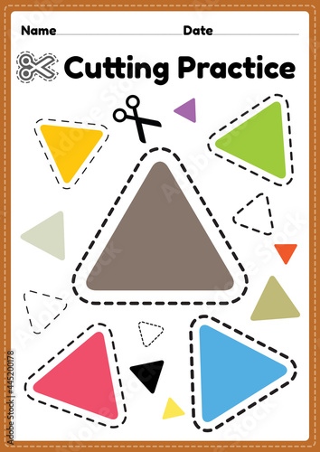 Cutting practice Pre K children to cut the paper with scissors to improve motor skills, coordination and develop small muscles for kindergarten kids in a printable illustration page.