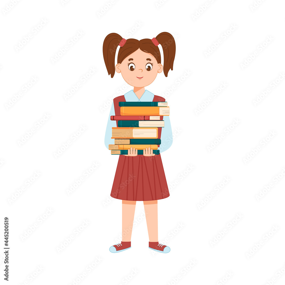 Little smiling girl holding a stack of books. Isolated white background, childhood. Schoolgirl. The child reads books. Lifestyle, interests, hobbies, free time. Cartoon style. Vector illustration Little smiling girl holding a stack of books. Isolated white background, childhood. Schoolgirl. The child reads books. Lifestyle, interests, hobbies, free time. Cartoon style. Vector illustration