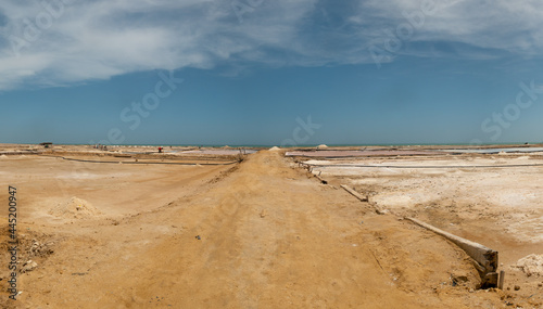 Panoramic View of Manaure  Colombia s Most Important Maritime Salt Slats  with Pink and Blue Sky Waters
