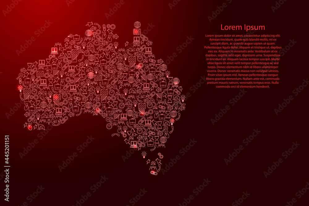 Australia map from red and glowing stars icons pattern set of SEO analysis concept or development, business. Vector illustration.