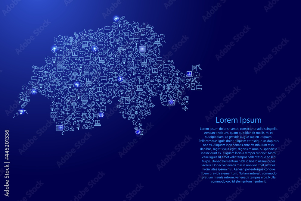 Switzerland map from blue and glowing stars icons pattern set of SEO analysis concept or development, business. Vector illustration.
