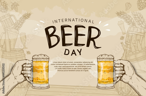 International Beer Day illustration vector design with hand drawn element isolated on soft brown background can be use for party, celebration and festival