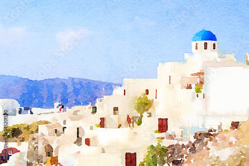 Watercolor drawing picture landscpe view of small town at santorini,Oia at Greece. photo