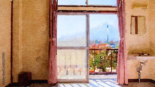 Photography Watercolor drawing picture Mt.Fuji from room at Japan.