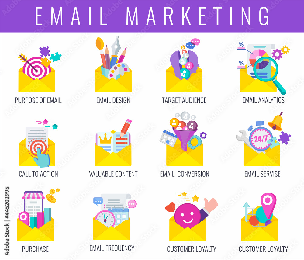 Email marketing strategy icons set. Digital marketing.