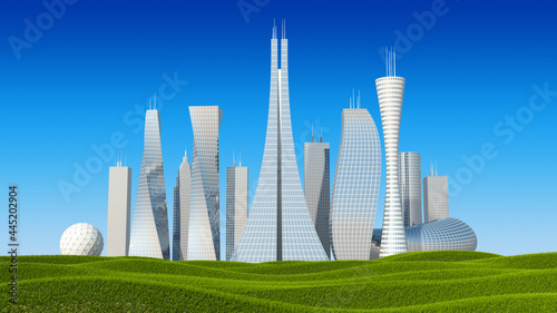 Modern city on green hills. Meadow and high glass buildings. 3d rendering illustration. High resolution.