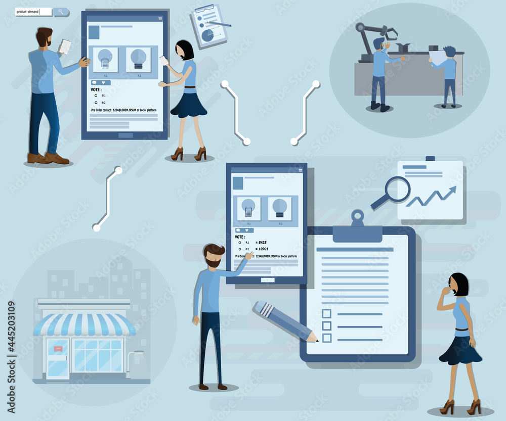 Flat design of new business model,The owners checking demand from customers before making the product - vector Flat design of new business model,The owners checking demand from customers before making the product - vector