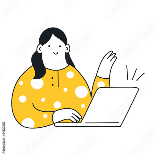 Woman working with a laptop in her cozy workplace. She waves her hand towards the screen. Joyful delightful workday. Thin line elegant vector illustration on white background.