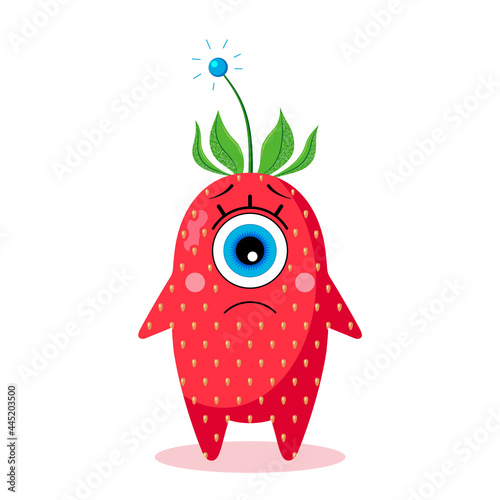 Strawberry one-eyed character on a white background