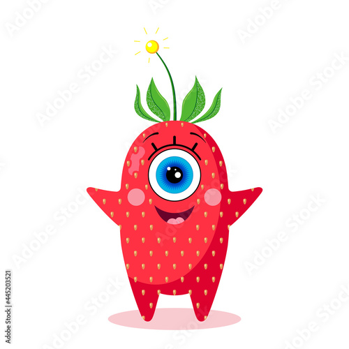 Strawberry one-eyed character on a white background