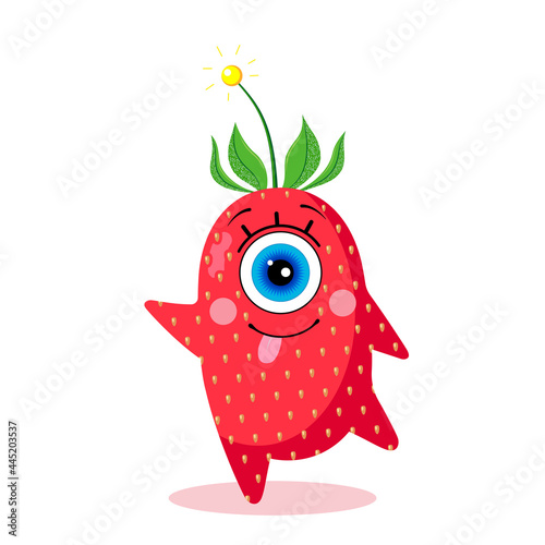 Strawberry one-eyed character on a white background