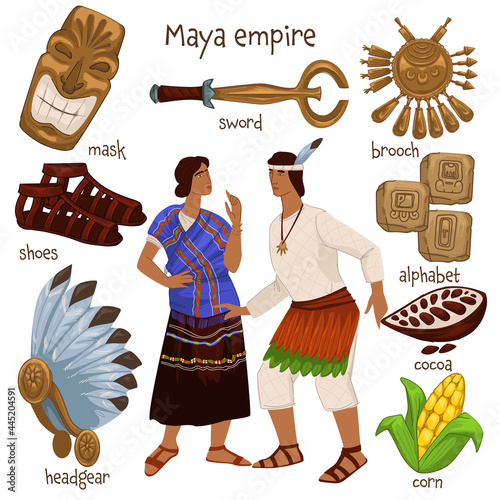 Maya empire, people and personal belongings vector