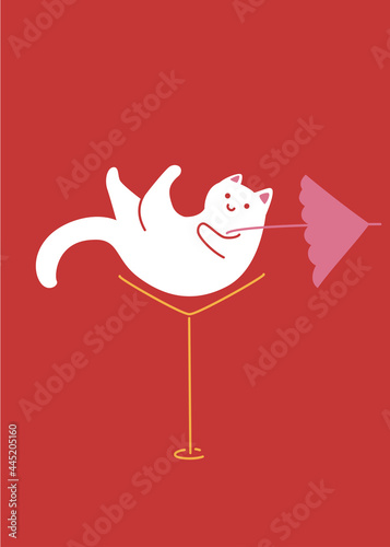 White cat having a relax time in martini glass with cocktail umbrella. Cute character on red background, greeting card design, vector ilustration