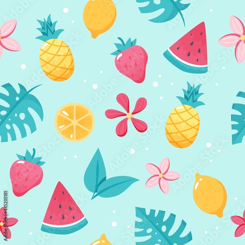 Summer fruits pattern. Cute watermelon, pineapple, lemon, leaves. Hand drawn flat cartoon elements. Vector illustration