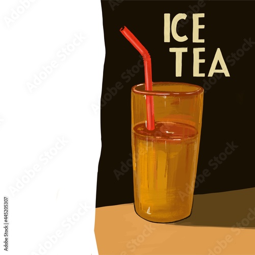 Digital drawing of a glass of tea with a red straw on a black background with a copy of the space.