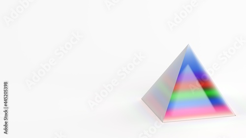 minimal abstract prism pyramid glass multicolored on white floor 3d render