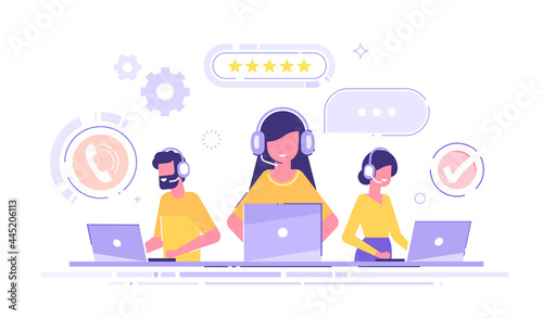 Smiling office operators with headsets characters. Customer service, hotline operators, technical  global support, customer support department staff. Modern vector illustration.