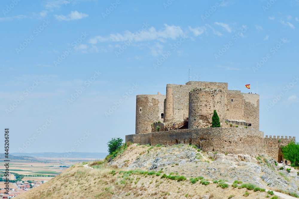 Middle age castle of La Muela on a hill in Consuegra, Toledo, Spain. Defense historical tower.
