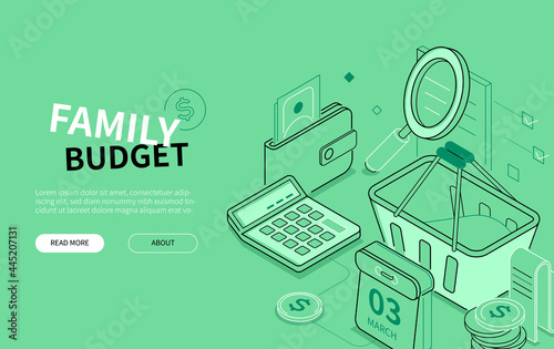 Family budget - line design style isometric banner