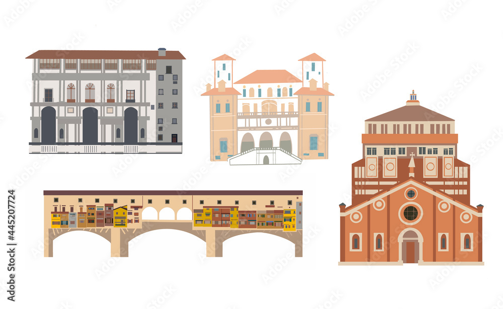 Gallery and Church, famous Bridge, villa, museums of Italy - Rome, Milan and Florence. Colorful illustration.