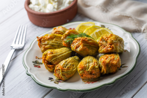 Traditional delicious Turkish - Greek cuisine, Turkish food; Stuffed zucchini flowers (Turkish name; kabak cicegi dolmasi)