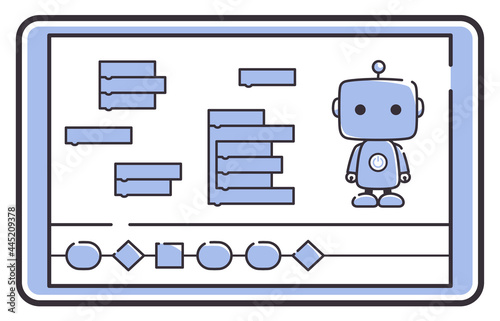 タブレットでロボットのプログラミング学習をするイラスト