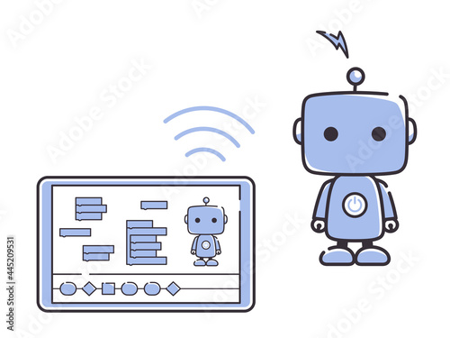 タブレットでロボットのプログラミング学習をするイラスト