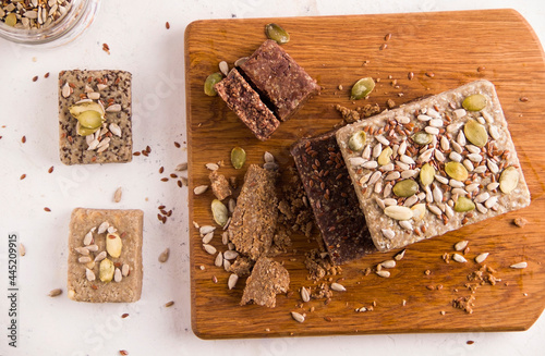 Different types of useful halva on a light background. View from above