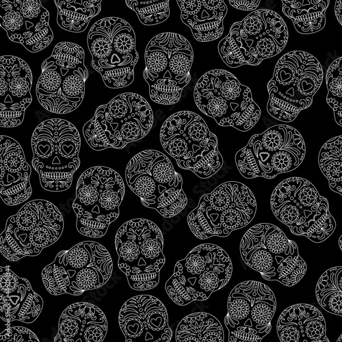 Day of the Dead  skulls pattern. Dia de los muertos print. Day of the dead and  mexican Halloween texture. Mexican tradition  festival. Day of the dead sugar skull isolated. Dia de los Muertos tattoo 