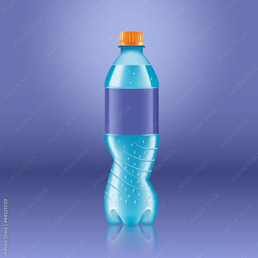Realistic soda lemonade bottle mock up with blue label isolated on blue background reflected off the floor, vector illustration. Suitable for large format ads, billboards and posters