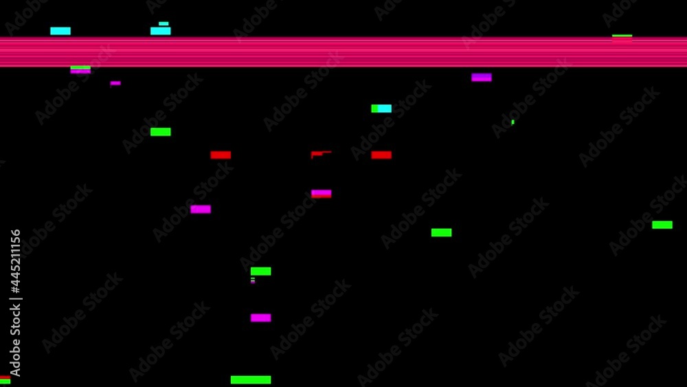 Continuous flashing of colored stripes and squares on a black screen. Glitch effect. Continuous flashing of colored stripes and squares on a black screen. Glitch effect.
