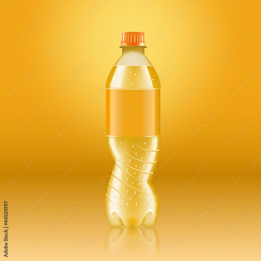 Realistic soda lemonade bottle mock up with yellow label isolated on yellow background reflected off the floor, vector illustration. Suitable for large format ads, billboards and posters