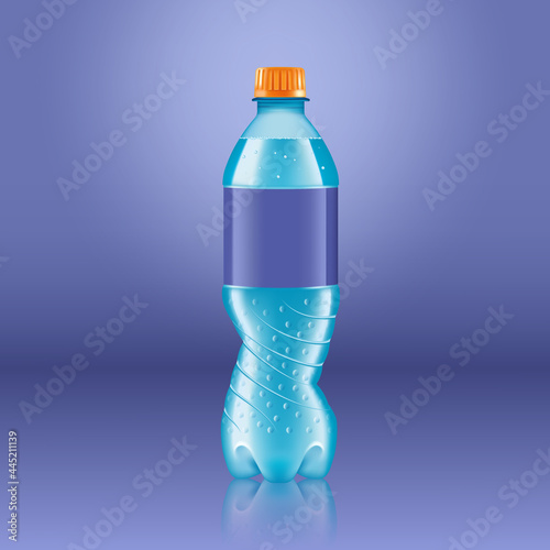 Realistic soda lemonade bottle mock up with blue label isolated on blue background reflected off the floor, vector illustration. Suitable for large format ads, billboards and posters