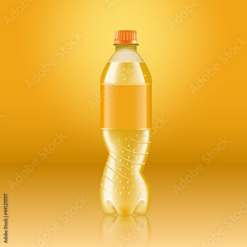 Realistic soda lemonade bottle mock up with yellow label isolated on yellow background reflected off the floor, vector illustration. Suitable for large format ads, billboards and posters