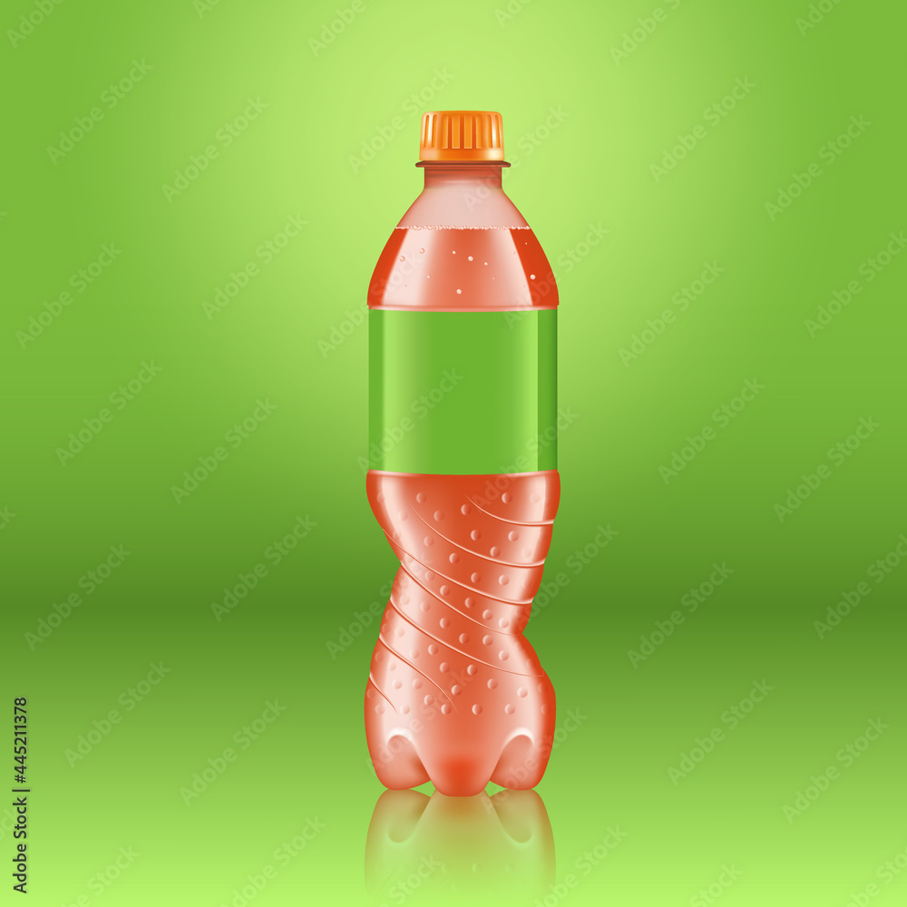 Realistic soda lemonade bottle mock up with green label isolated on green background reflected off the floor, vector illustration. Suitable for large format ads, billboards and posters