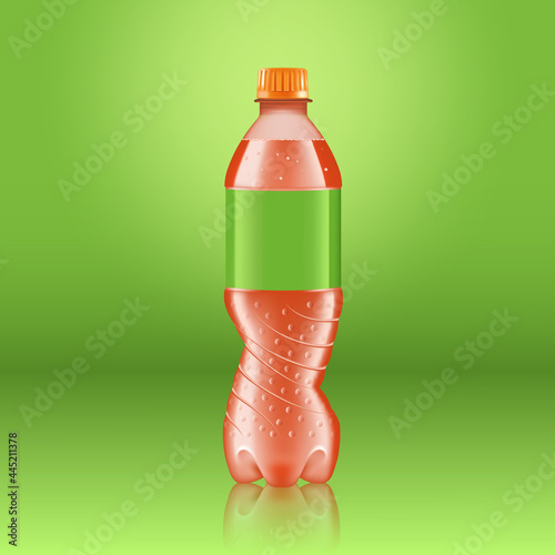 Realistic soda lemonade bottle mock up with green label isolated on green background reflected off the floor, vector illustration. Suitable for large format ads, billboards and posters